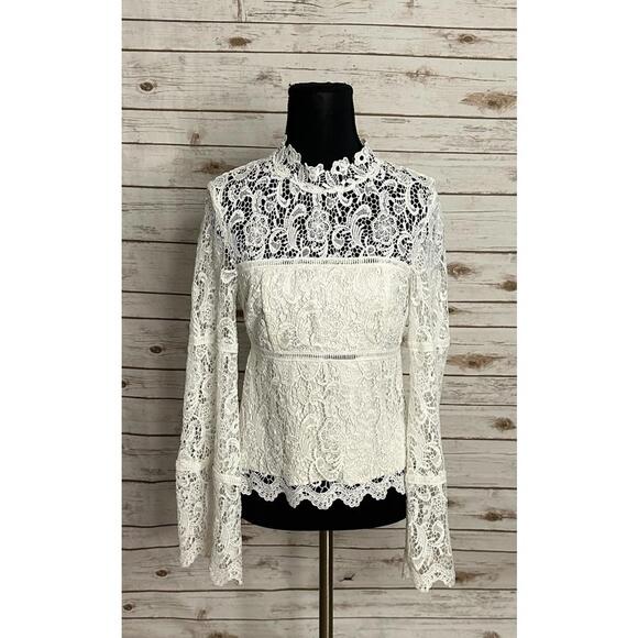 Bardot X REVOLVE Sansa white mock neck floral lace flared sleeve top Size 4 - Picture 1 of 9